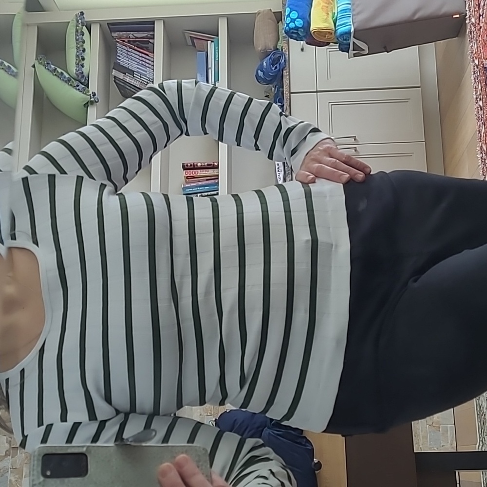 Women's long sleeve T, white with olive green stripes, cropped